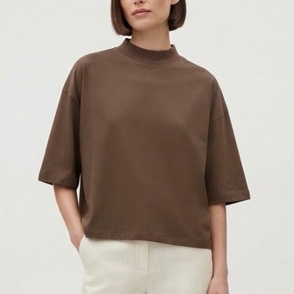 COS Oversized Boxy Brown Heavy Cotton Mock Neck Short Sleeve T-Shirt Size S